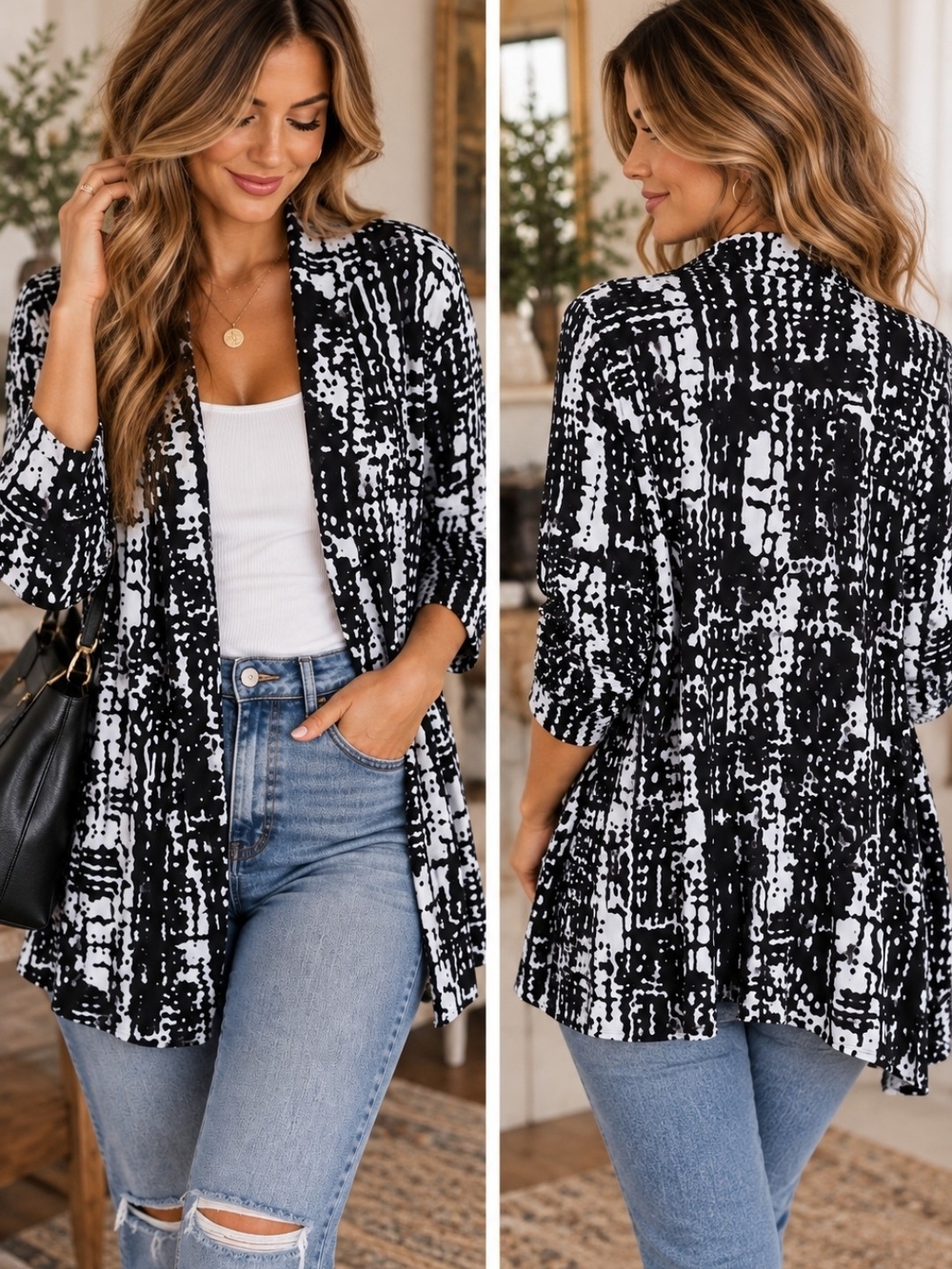 Avenue Plus Size 14/16 Black White Abstract Print Open Front Cardigan Sweater